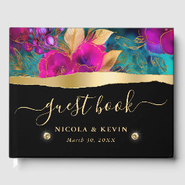 Livro De Visitas Casamento de Flores Roxas e Turquesa em Aquarela 