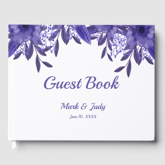 Livro De Visitas Casamento de Folhagem Azul Roxo (Frente)