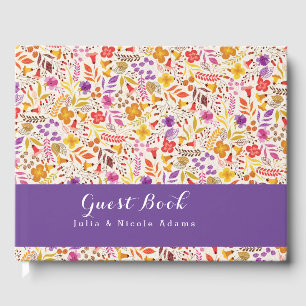 Livro De Visitas Casamento de Folhagem de Flor Selvagem Roxo Orange