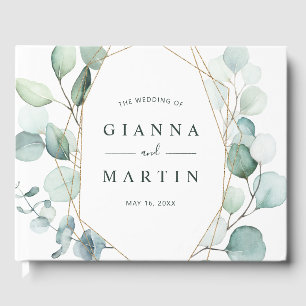 Livro De Visitas Casamento de Folhagem Geométrica de Verde Dourado