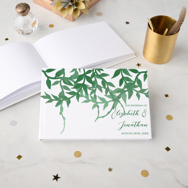 Livro De Visitas Casamento de Folhas Botânicas Rusticas (Frente aberta)