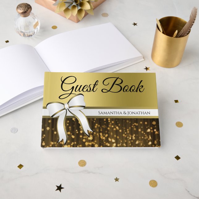 Livro De Visitas Casamento de Folhas de Fósforo Branco e Dourado (Frente aberta)