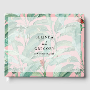 Livro De Visitas Casamento de Folhas Tropicais de Banana Rosa