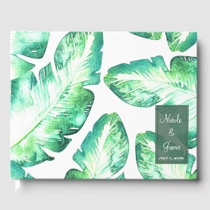 Livro De Visitas Casamento de Folhas Tropicais Verdes e Brancas à B