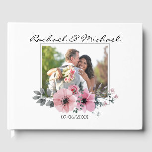 Livro De Visitas Casamento de Foto Personalizada Floral Aquarela El
