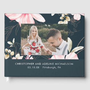 Livro De Visitas Casamento De Fotografias Florais Azul Chic Blush