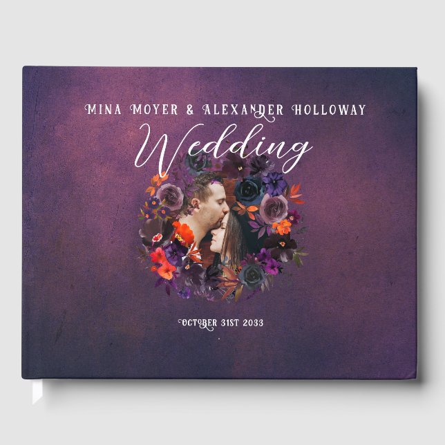 Livro De Visitas Casamento de Fotografias Roxo Floral Escuro Elegan (Frente)