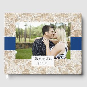 Livro De Visitas Casamento de fotos azuis e Marinhos de rendas