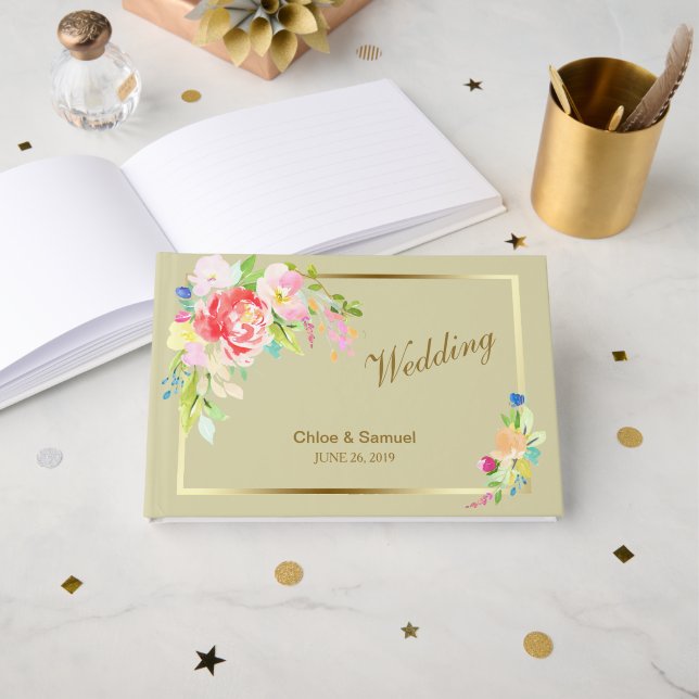 Livro De Visitas Casamento de Frame Dourado do Buquê primavera (Frente aberta)