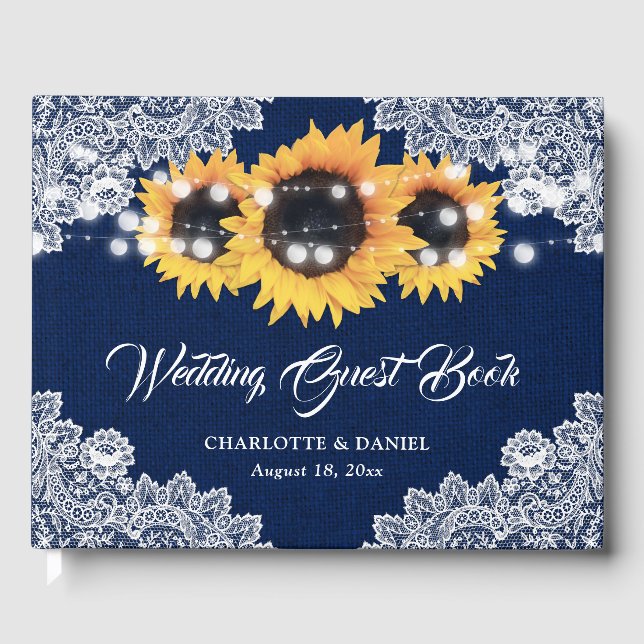Livro De Visitas Casamento de Girassol de Renda de Sarja Azul Naval (Frente)