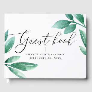 Livro De Visitas Casamento de guião foliar verde-aquarela elegante