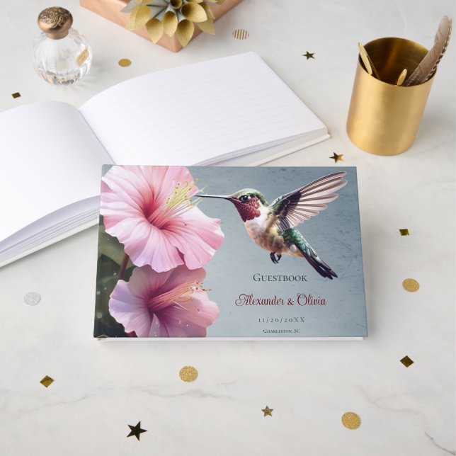 Livro De Visitas Casamento de Hummingbird e Hibiscus | Azul (Frente aberta)