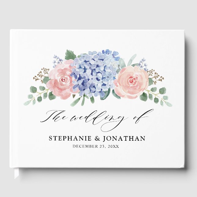 Livro De Visitas Casamento de Hydrangeas Rosa Pastel Azul Dusty (Frente)