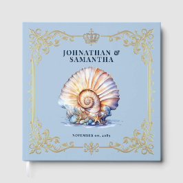 Livro De Visitas Casamento de luxo na praia com azul e ouro concha