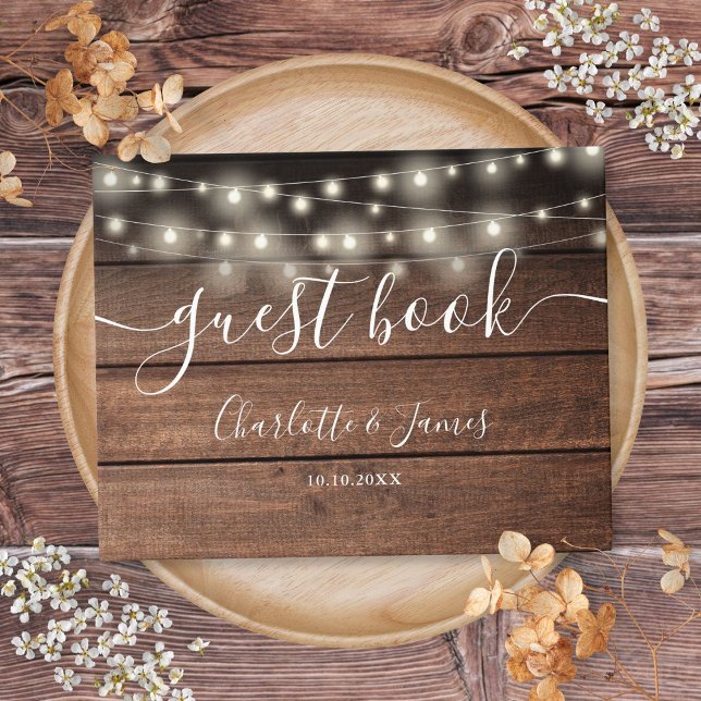 Livro De Visitas Casamento De Luzes De Corda De Madeira Rústica (Rustic Wood String Lights Script Wedding Guest Book)