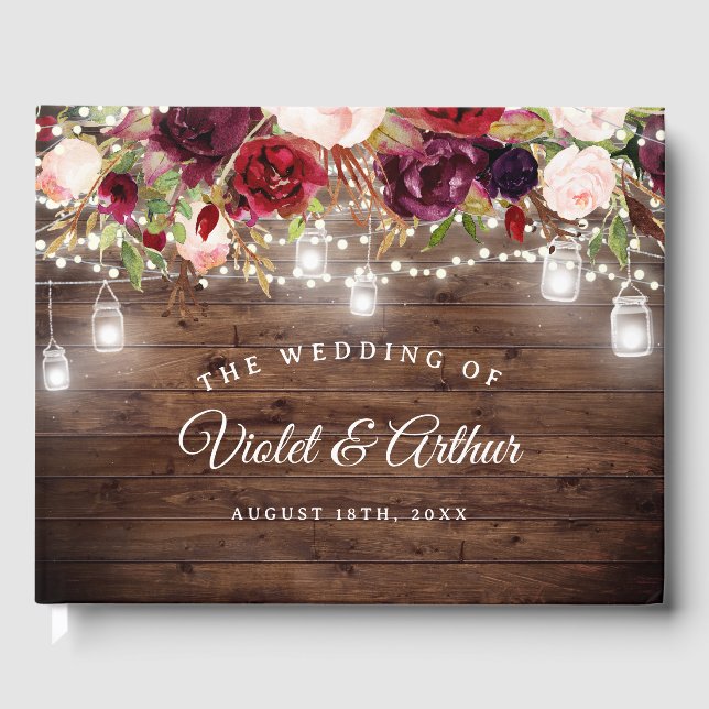 Livro De Visitas Casamento de Luzes Florais Rustic Burgundy (Frente)