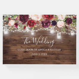 Livro De Visitas Casamento de Luzes Florais Rustic Wood Burgundy