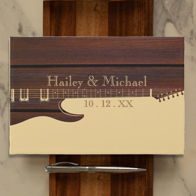 Livro De Visitas Casamento de Madeira Vermelha e Violão Castanho (Red Wood & Brown Guitar Wedding Guest Book
)