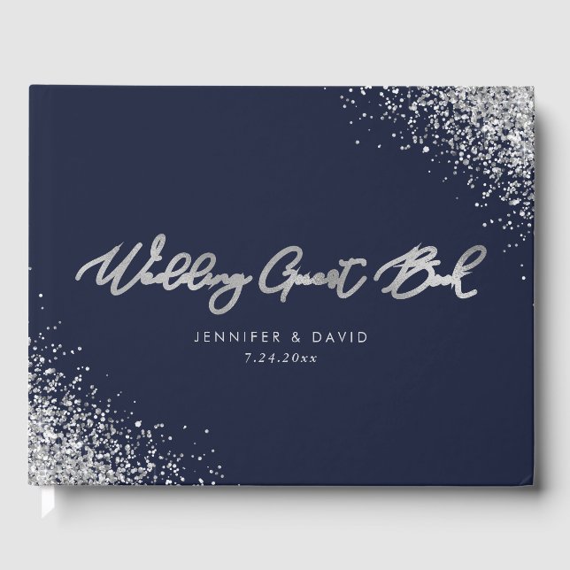 Livro De Visitas Casamento de Marinho Moderno Azul e Silver Glitter (Frente)