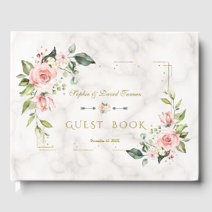 Livro De Visitas Casamento de mármore Dourado Floral com Flores Mod