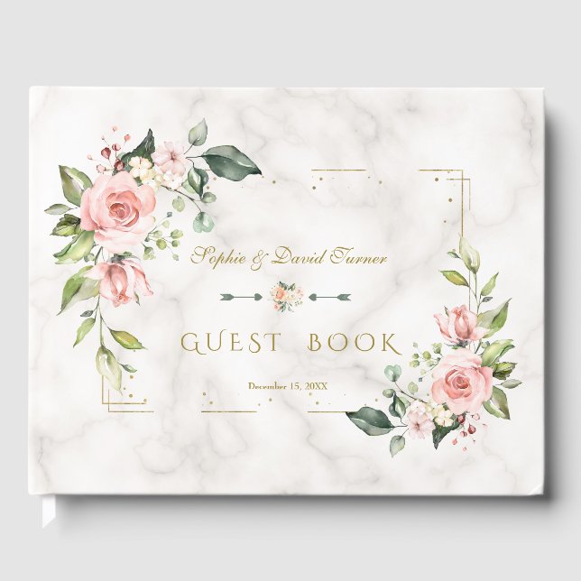 Livro De Visitas Casamento de mármore Dourado Floral com Flores Mod (Frente)