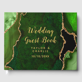Livro De Visitas Casamento de mármore verde e Dourado