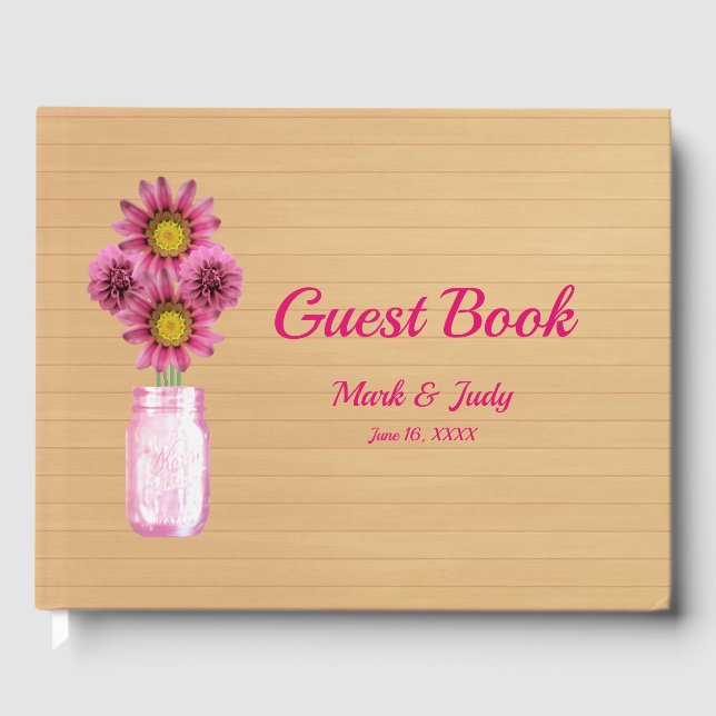 Livro De Visitas Casamento de Mason Jar Floral Rosa-Rosa-Rosa-Rosa- (Frente)