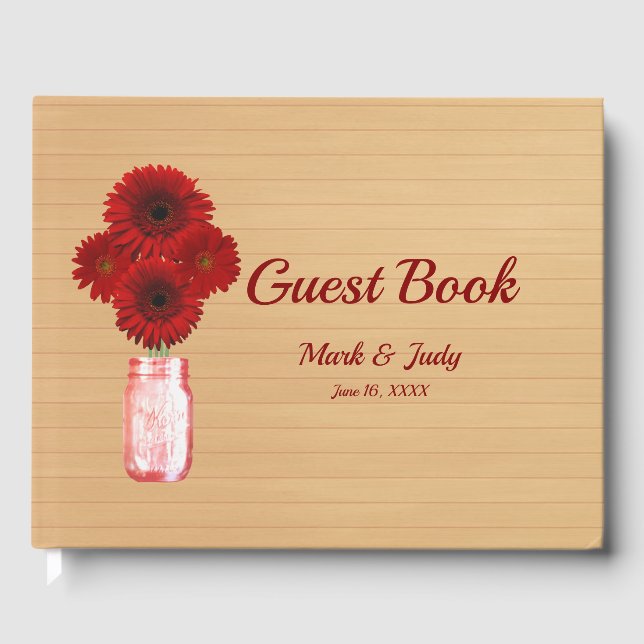 Livro De Visitas Casamento de Mason Jar, Floral Vermelho, Russo, Le (Frente)