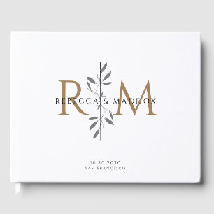 Livro De Visitas Casamento de Monograma Botânico em Ouro Elegante