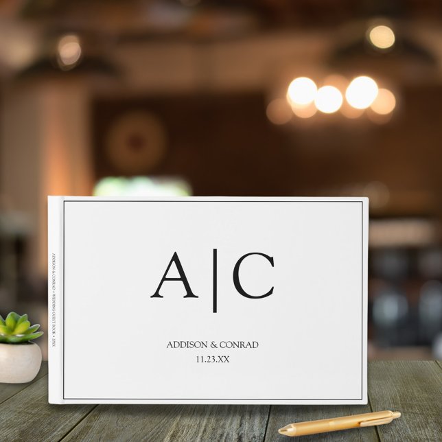 Livro De Visitas Casamento de Monograma Branco Clássico Elegante (Criador carregado)