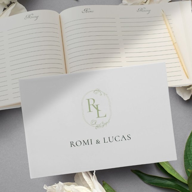 Livro De Visitas Casamento de Monograma Branco e Verde Elegante (Criador carregado)