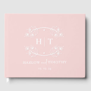 Livro De Visitas Casamento de Monograma Branco Rosa-Rosa-Elegante