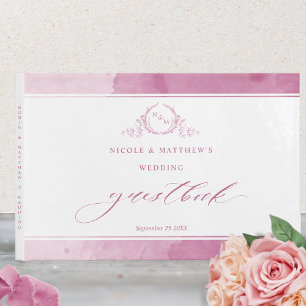 Livro De Visitas Casamento de Monograma de Cor de Água Rosa-Rosa-El