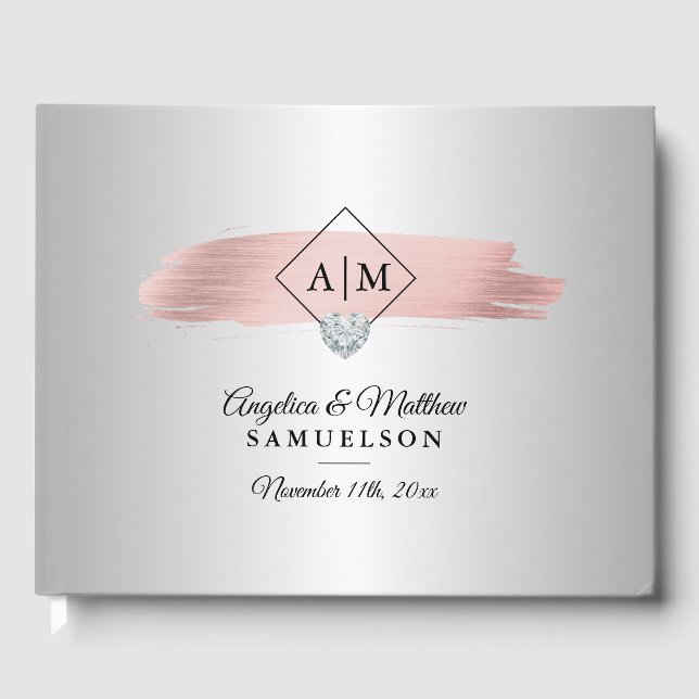 Livro De Visitas Casamento de Monogramas Dourados com Rosa Rosa Ros (Frente)