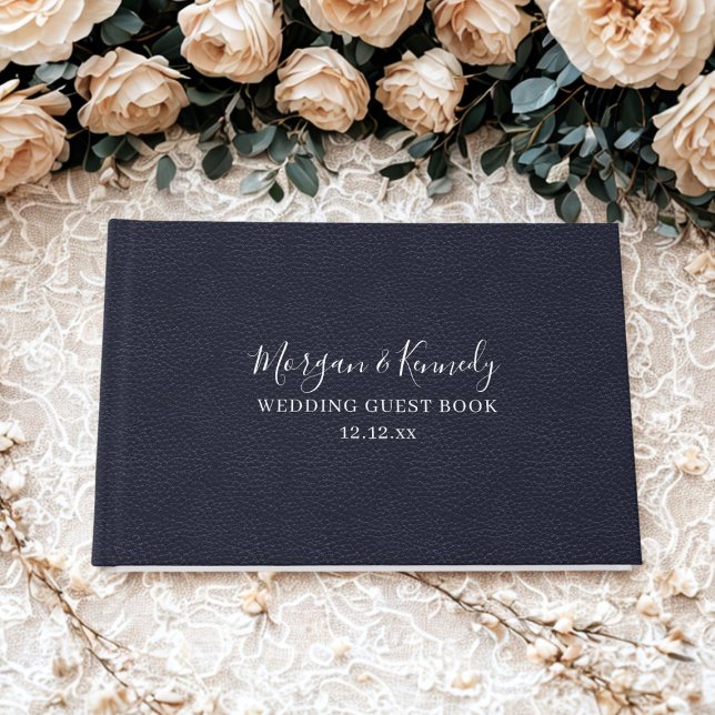 Livro De Visitas Casamento de Olhos Azuis de Couro Azul e Azul (An elegant midnight blue faux leather look wedding guest book with space for your details)