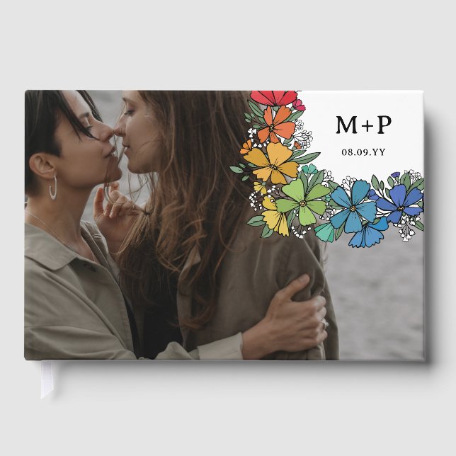 Livro De Visitas Casamento de Orgulho Flores Monograma Foto LGBTQ (Frente)