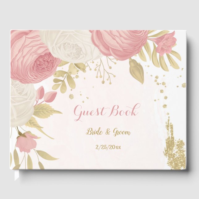 Livro De Visitas Casamento de ouro com flores rosas e brancas (Frente)