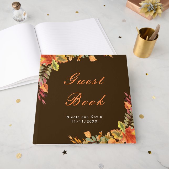 Livro De Visitas Casamento de Outono com Folhas de Outono Rústicas (Frente aberta)