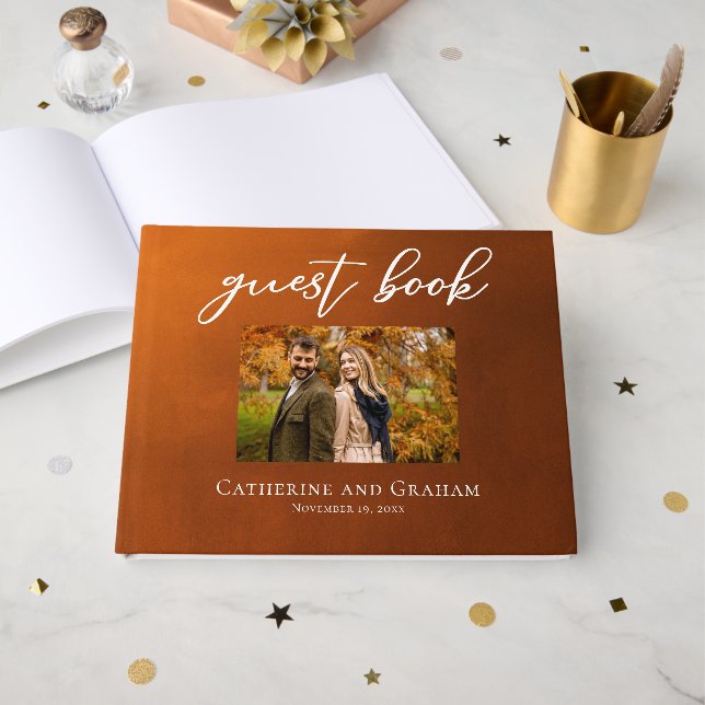 Livro De Visitas Casamento de outono Rustic Burnt Orange Casal (Frente aberta)