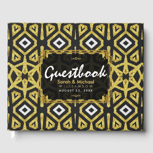 Livro De Visitas Casamento de Padrão de Geometria Preta Glam Dourad