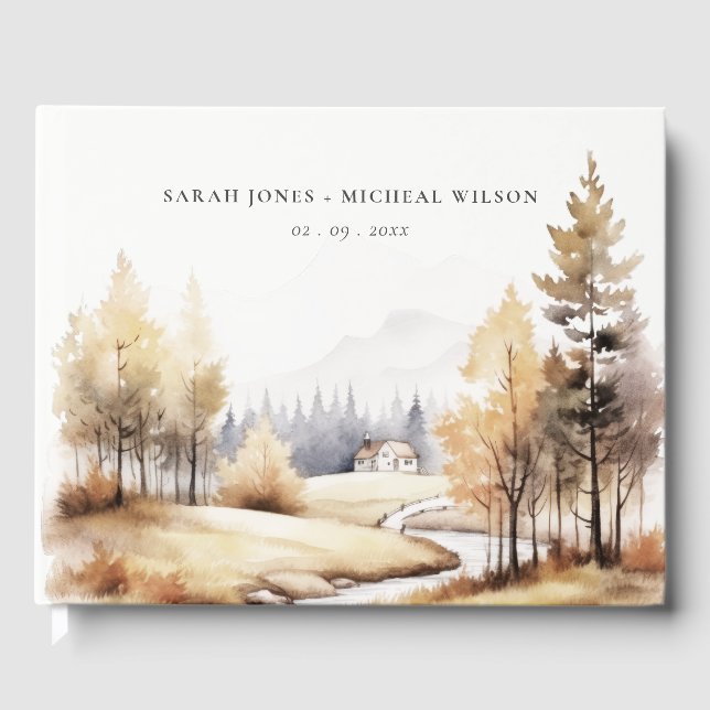 Livro De Visitas Casamento de Paisagem de outono com Cores Aquática (Frente)