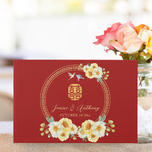Livro De Visitas Casamento de pássaro floral vermelho chinês