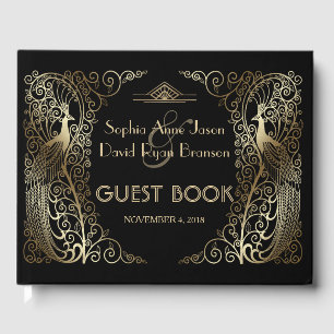 Livro De Visitas Casamento de Peacocks em Deco de Arte Dourada Glam