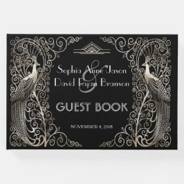 Livro De Visitas Casamento de Peacocks em Deco de Arte Glam Silver