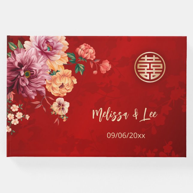 Livro De Visitas Casamento de Peony Red Chinese (Frente)