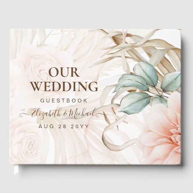 Livro De Visitas Casamento de Pêssego de Grama de Airy BOHO Pampas (Frente)