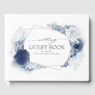 Livro De Visitas Casamento de Prata Elegante com Flores de Água Az