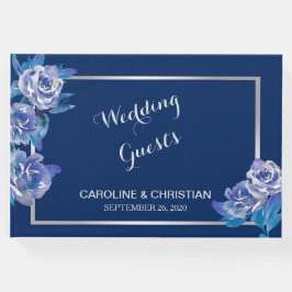 Livro De Visitas Casamento de Prata Floral Azul Elegante