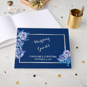 Livro De Visitas Casamento de prata floral azul elegante