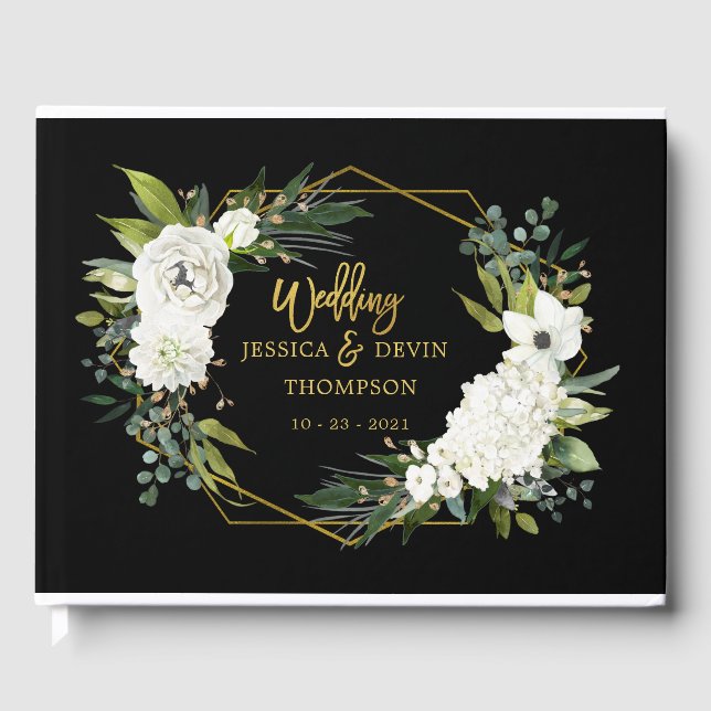 Livro De Visitas Casamento de Quadro Dourado Preto Floral Branco Mo (Frente)